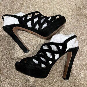 PRADA Cut Out Black Suede Open Toe Cage Heels Size 7.5